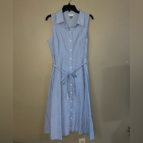 Christopher & Banks Blue/white plaid seersucker belted shirt dress size 14 - Picture 3 of 5